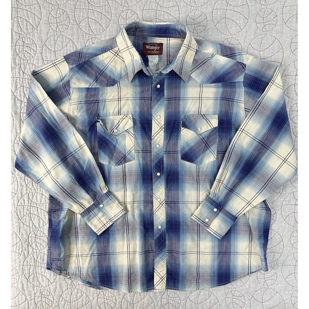Wrangler Western Shirt Blue Plaid Pearl Snap Vintage / Mens 2XL